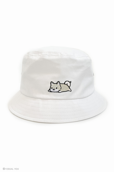 Relaxing White Shiba Inu Eyelet Bucket Hat