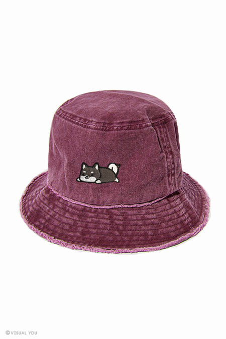 Relaxing Black Shiba Distressed Bucket Hat