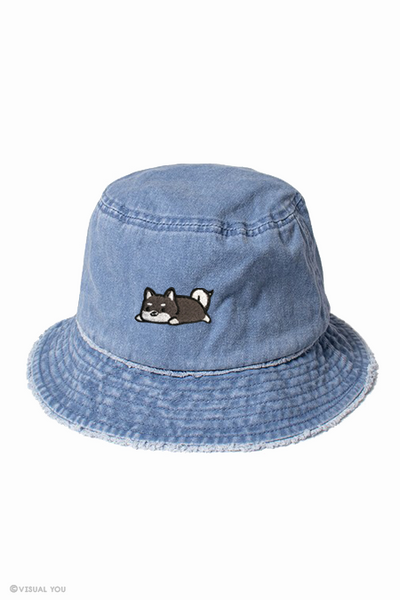 Relaxing Black Shiba Distressed Bucket Hat