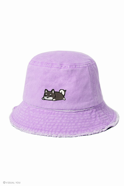 Relaxing Black Shiba Distressed Bucket Hat