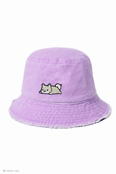 Relaxing White Shiba Distressed Bucket Hat