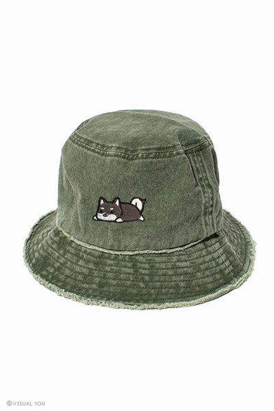 Relaxing Black Shiba Distressed Bucket Hat