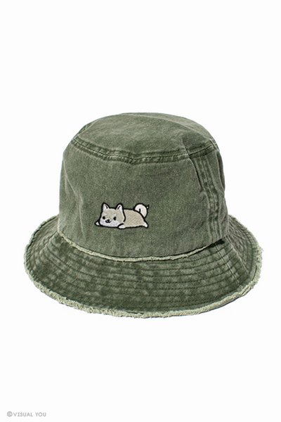 Relaxing White Shiba Distressed Bucket Hat