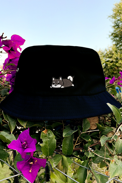 Relaxing Black Shiba Inu Eyelet Bucket Hat