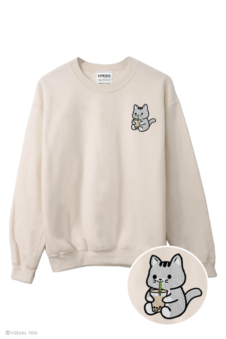 Bubble Tea Boba Cat Embroidered Sweatshirt