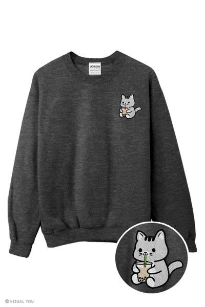 Bubble Tea Boba Cat Embroidered Sweatshirt
