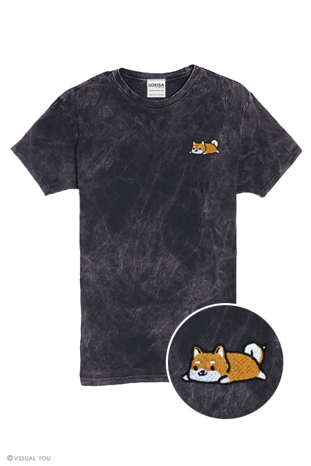 Relaxing Red Shiba Inu Embroidered Vintage Wash T-Shirt