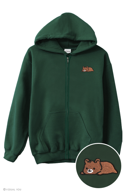 Relaxing Grizzly Bear Embroidered Zip-Up Hoodie