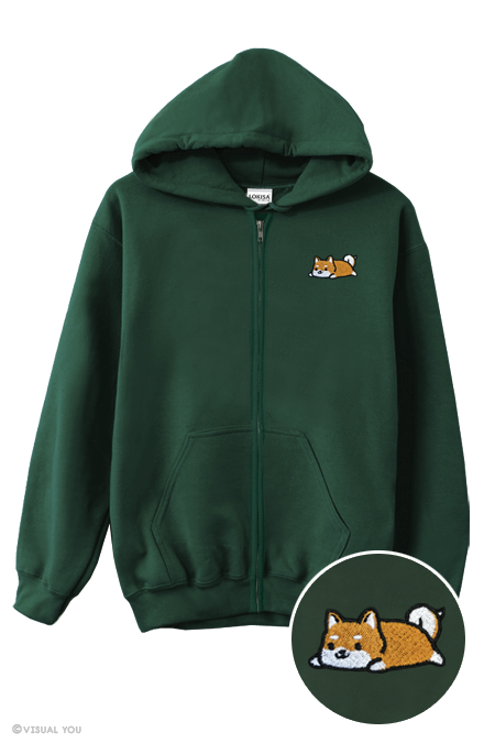 Relaxing Red Shiba Inu Embroidered Zip-Up Hoodie