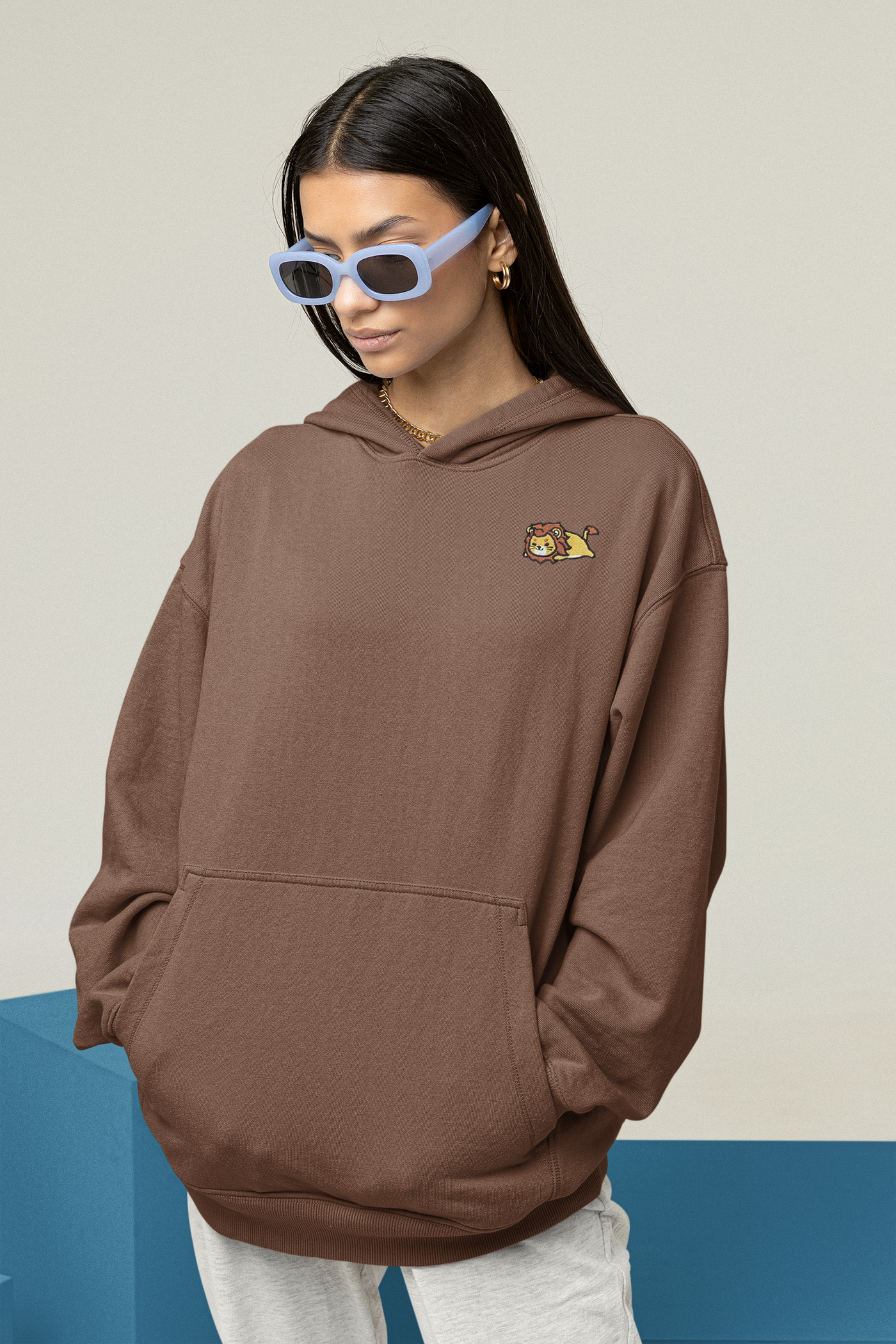 Relaxing Lion Embroidered Hoodie