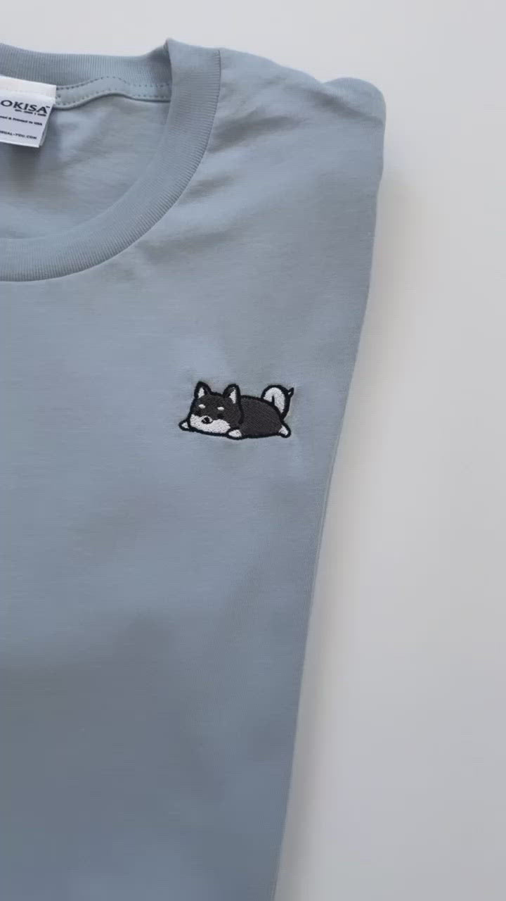 Relaxing Black Shiba Inu Embroidered T-Shirt