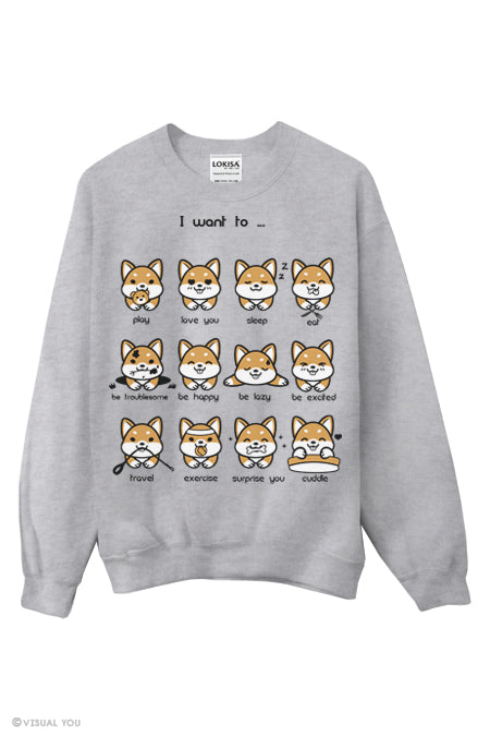 I want to... Shiba Inu Emoticon Sweatshirt - English