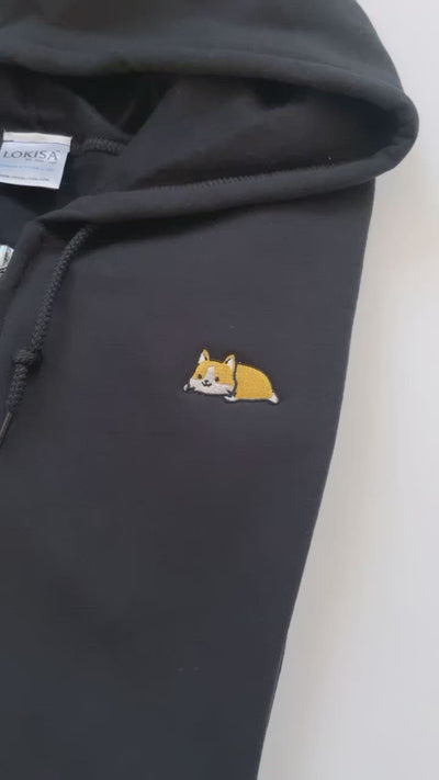 Relaxing Tan Corgi Embroidered Zip-Up Hoodie