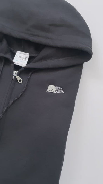 Relaxing Turtle Embroidered Zip-Up Hoodie