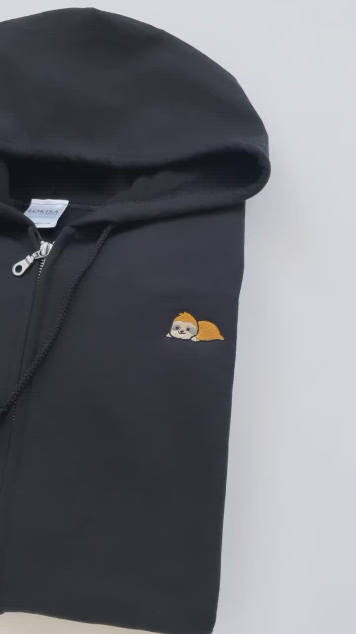 Relaxing Sloth Embroidered Zip-Up Hoodie
