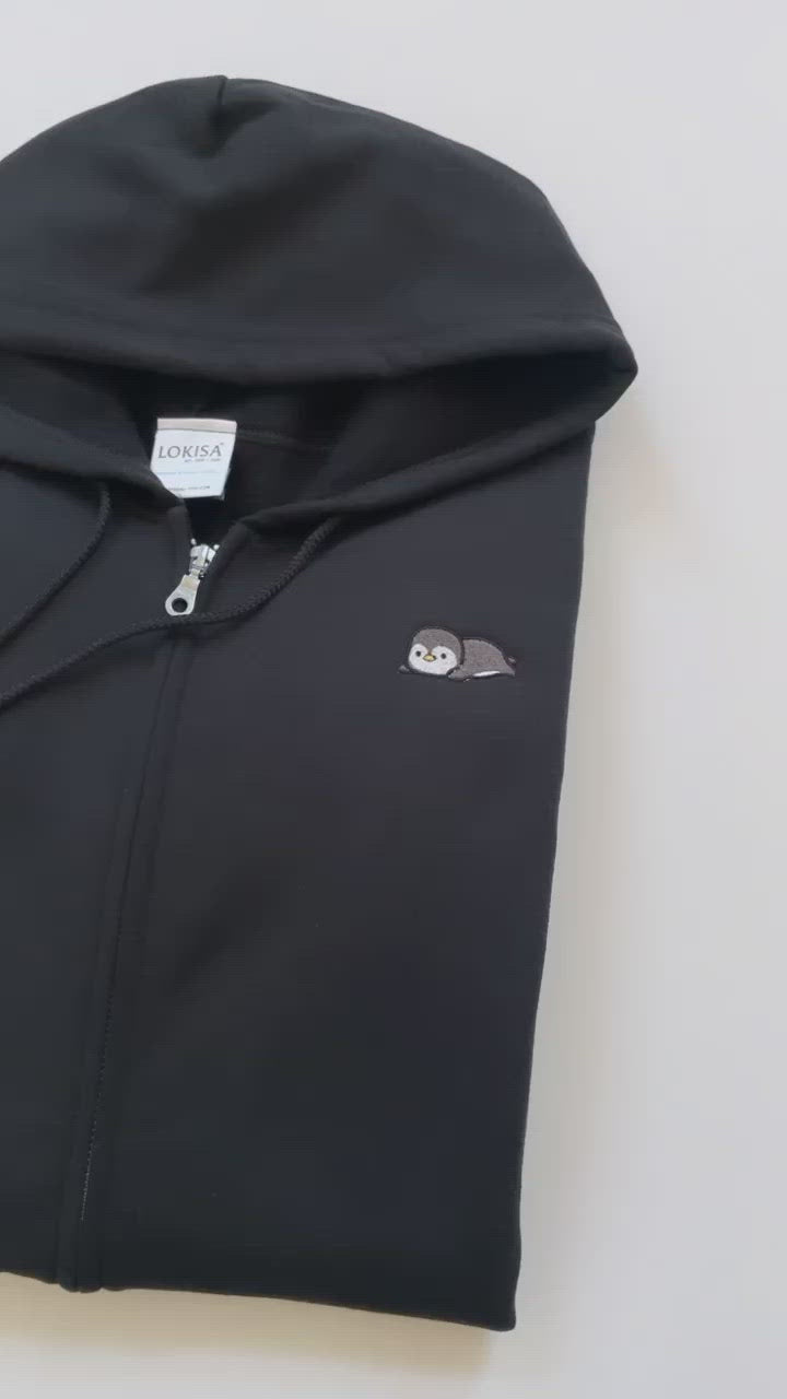 Relaxing Penguin Embroidered Zip-Up Hoodie