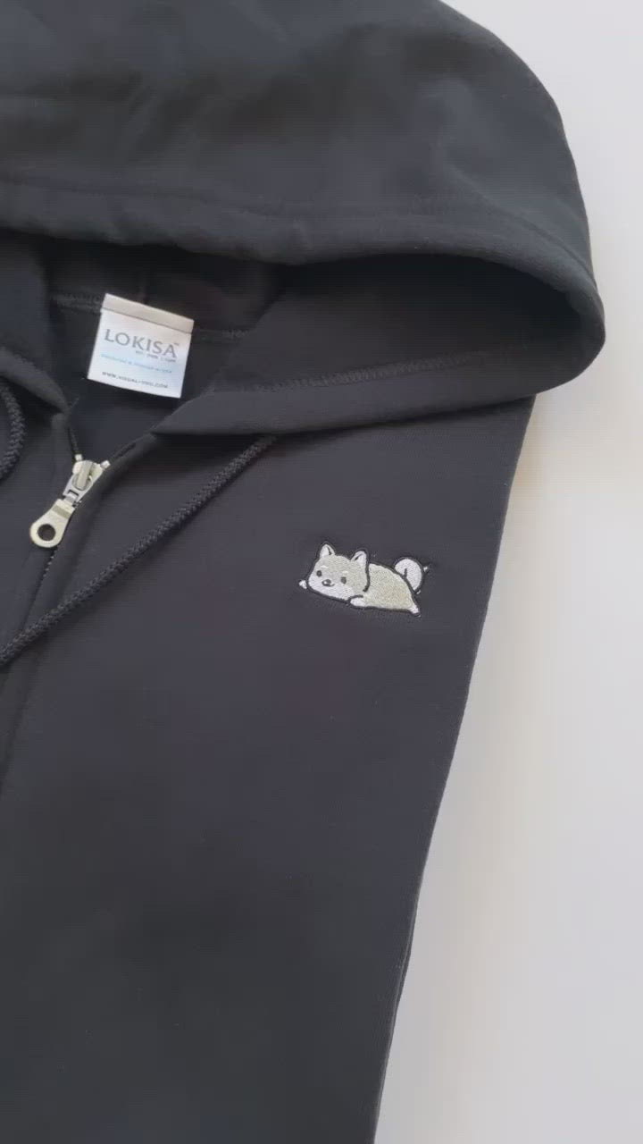 Relaxing White Shiba Inu Embroidered Zip-Up Hoodie