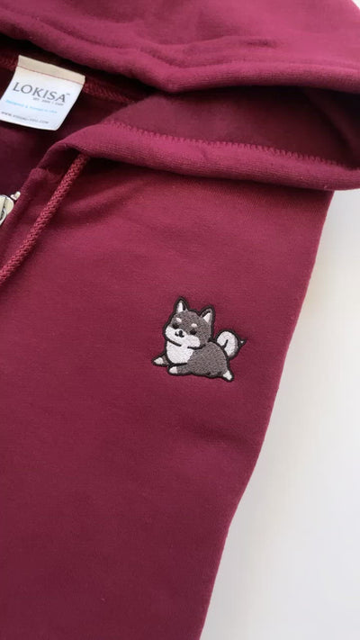 Chubby Tubby Black Shiba Inu Embroidered Zip-Up Hoodie