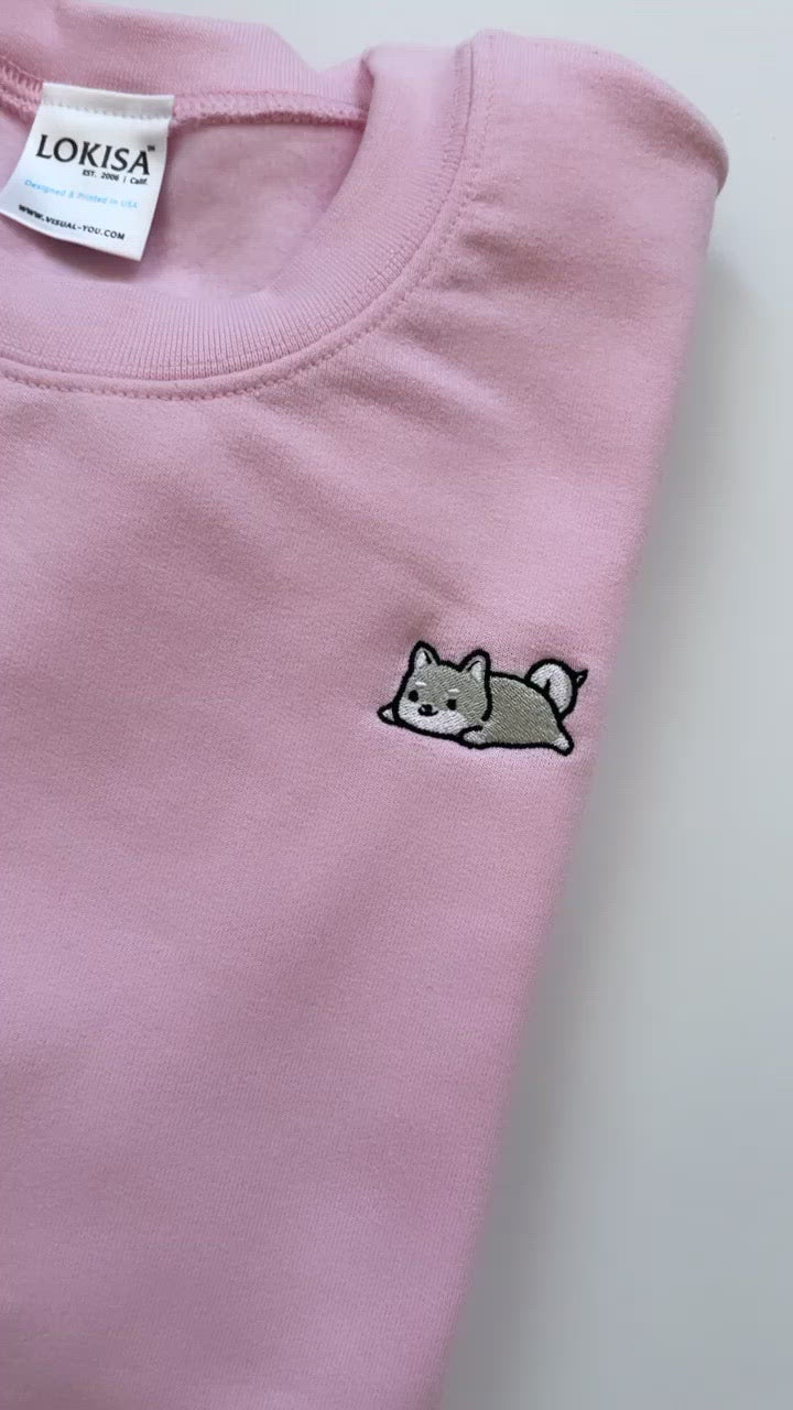 Relaxing White Shiba Inu Embroidered Sweatshirt