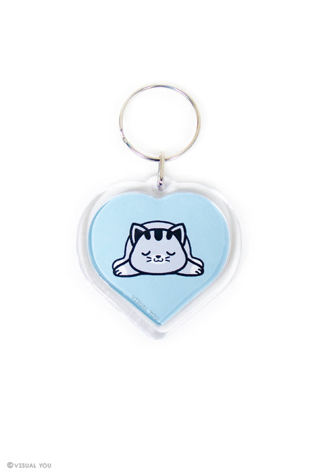 Snoozing Grey Tabby Cat Heart Keychain