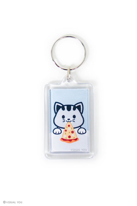 Grey Tabby Cat Pizza Keychain