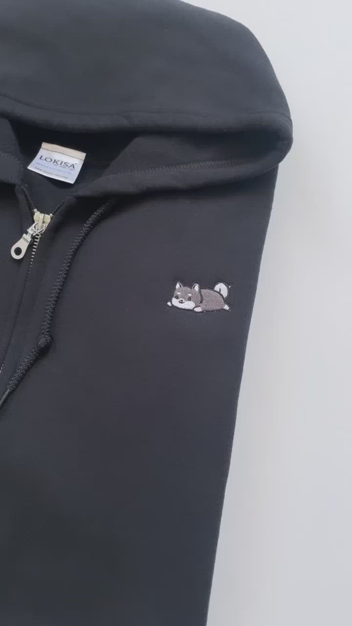 Relaxing Black Shiba Inu Embroidered Zip-Up Hoodie