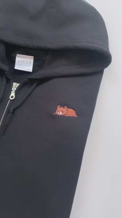 Relaxing Grizzly Bear Embroidered Zip-Up Hoodie