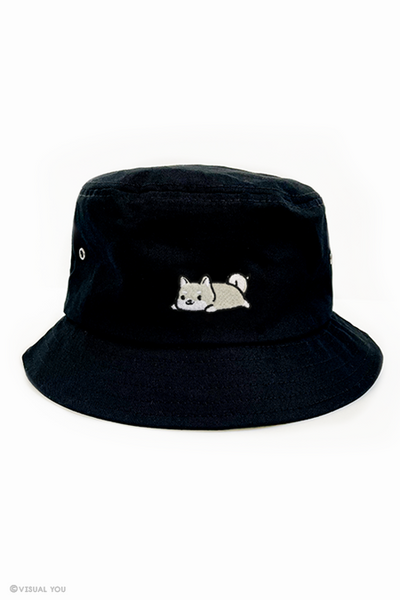 Relaxing Shiba Inu Eyelet Bucket Hat - Black