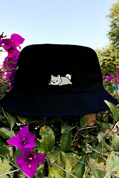 Relaxing Shiba Inu Eyelet Bucket Hat - Black