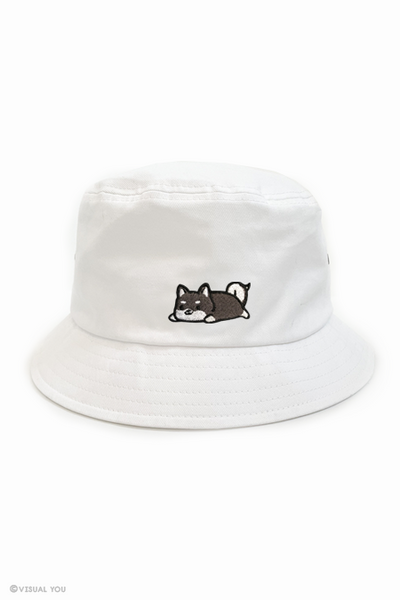 Relaxing Shiba Inu Eyelet Bucket Hat - White