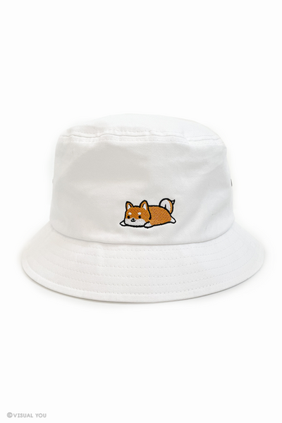 Relaxing Shiba Inu Eyelet Bucket Hat - White