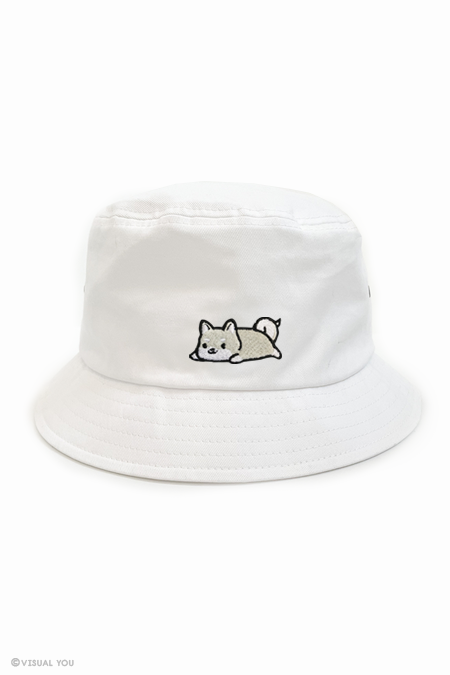 Relaxing Shiba Inu Eyelet Bucket Hat - White