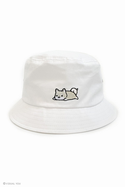 Relaxing Shiba Inu Eyelet Bucket Hat - White