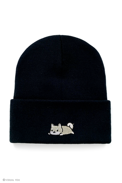 Relaxing White Shiba Inu Cuffed Beanie