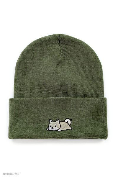 Relaxing White Shiba Inu Cuffed Beanie