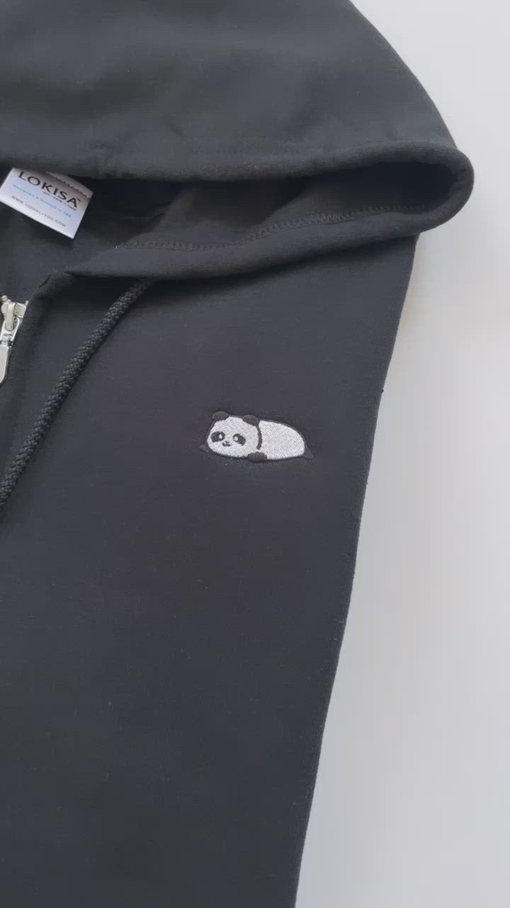 Relaxing Panda Embroidered Zip-Up Hoodie