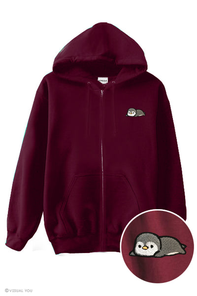 Relaxing Animal Embroidered Zip-Up Hoodie - Sloth, Penguin, Kitty, Otter (and more)