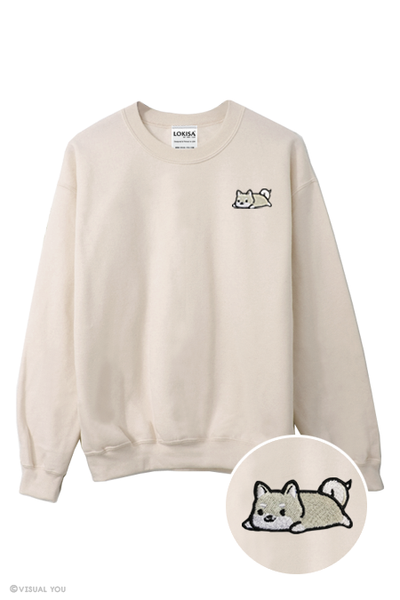 Relaxing White Shiba Inu Embroidered Sweatshirt