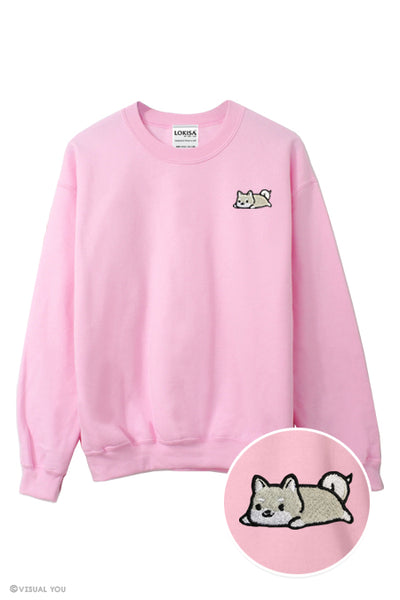 Relaxing White Shiba Inu Embroidered Sweatshirt