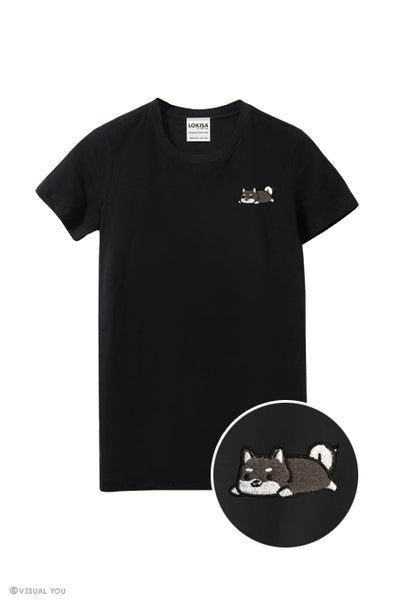 Relaxing Black Shiba Inu Embroidered T-Shirt