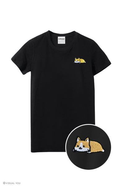 Relaxing Tan Corgi Embroidered T-Shirt