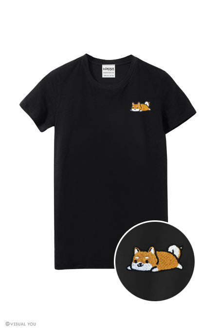 Relaxing Red Shiba Inu Embroidered T-Shirt