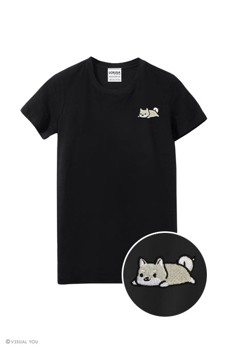 Relaxing White Shiba Inu Embroidered T-Shirt