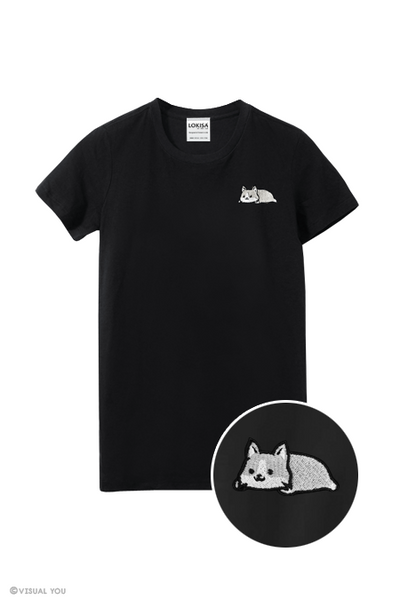 Relaxing White Corgi Embroidered T-Shirt