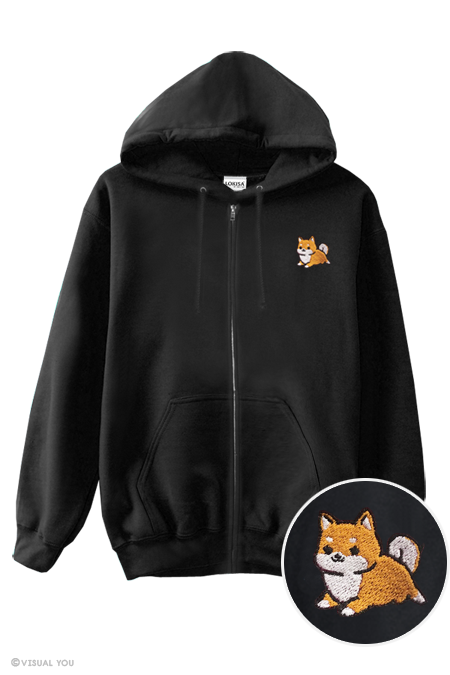 Chubby Tubby Red Shiba Inu Embroidered Zip-Up Hoodie