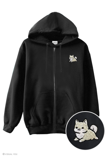 Chubby Tubby White Shiba Inu Embroidered Zip-Up Hoodie