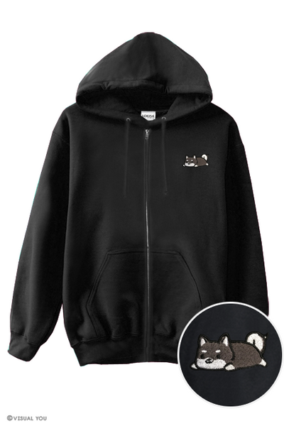 Relaxing Black Shiba Inu Embroidered Zip-Up Hoodie