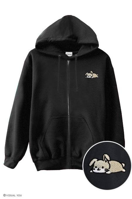 Relaxing Bunny Rabbit Embroidered Zip-Up Hoodie