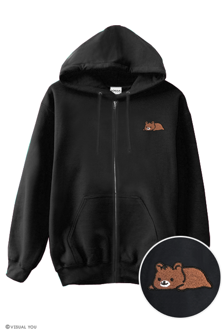 Relaxing Grizzly Bear Embroidered Zip-Up Hoodie