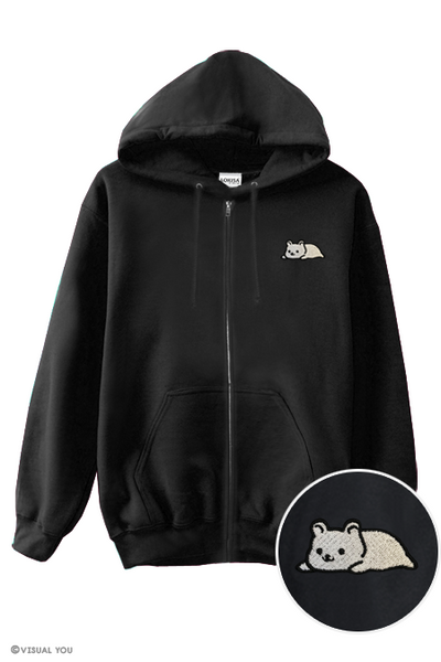 Relaxing Ice Bear Embroidered Zip-Up Hoodie